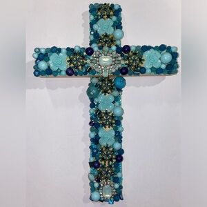 Artisanal Wood ✝️ w/Repurposed Jewelry 💙,💚, gold, silver Colors & Rhinestones